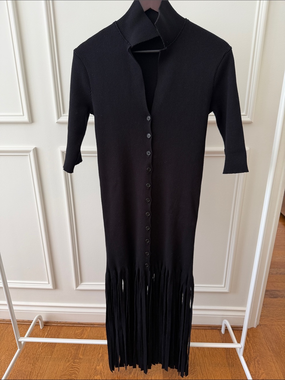Philosophy Black Ribbed Button-Front Fringe Midi Dress